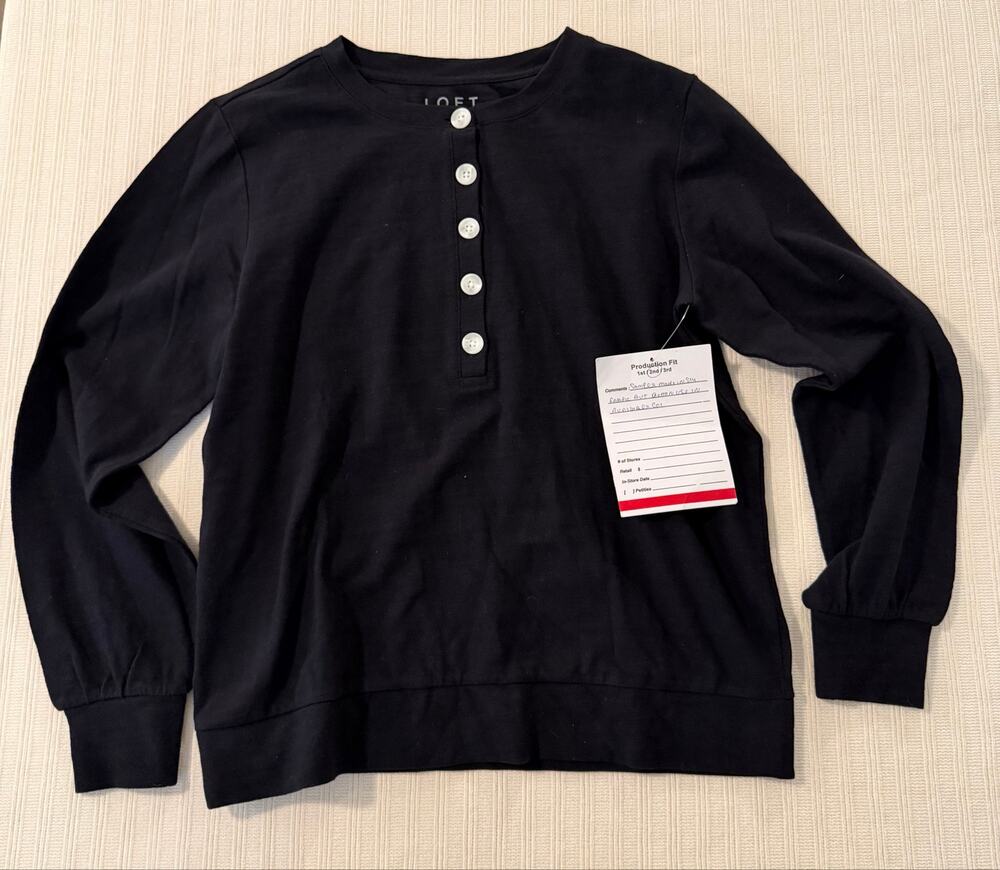 LOFT Black Slub Cotton Henley Sweatshirt Sample M